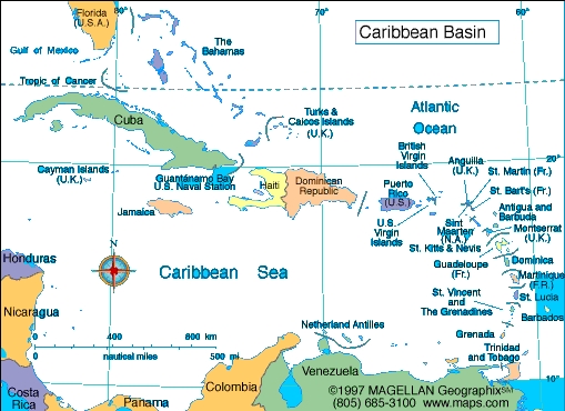 kaart met bestemmingen in Caribisch gebied